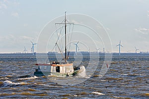 Dutch fishing ship at lake ijsselmeer with wind turbines