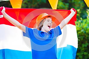 Dutch football fan, little teenager boy cheering