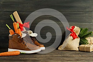 Dutch Holiday Sinterklaas background. Children`s shoes, carrots