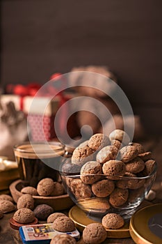 Dutch holiday Sinterklaas. kruidnoten cookies sweets, chocolate and a gift for the child. Children party Saint Nicholas