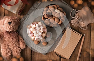 Dutch holiday Sinterklaas. kruidnoten cookies sweets, cocoa with marshmallows, gift and a letter for Saint Nicholas.