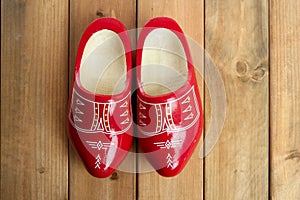 Dutch Holland red wooden shoes on wood