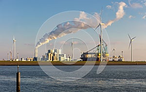 The Dutch industrial port of Eemshaven with smoking chimneys.