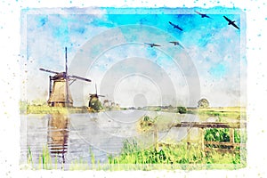 Dutch Kinderdijk Windmill watercolor painting