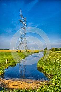 Dutch landscape with a canal and grass fields with mirror reflec