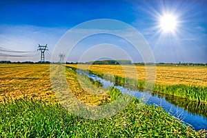 Dutch landscape with a canal and grass fields with mirror reflec