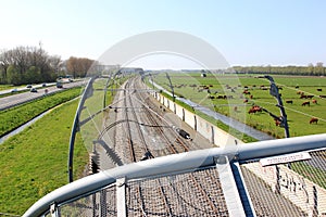 Dutch landscape of highway and railway