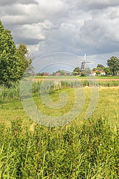 Dutch landscape with windmill and flock of sheep