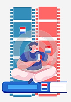 Dutch language courses. Illustration with a man sitting on the book holding Netherlandish word flag