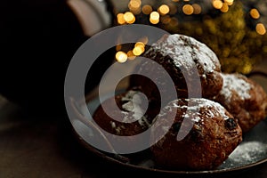 Dutch oliebollen or dougnut balls with sugar for New Years Eve