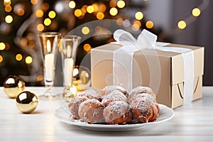 Dutch oliebollen with a gift box