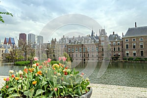 Dutch parliament buildings Binnenhof with skyscrapers in the background in The Hague.