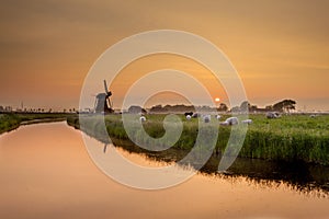 Dutch Polder Landscape during Orange Sunset