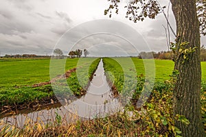 Dutch polder landscape on a rainy autumn day