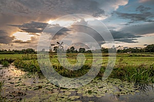 Dutch polder landscape with windmill near the city of Gouda, Netherlands