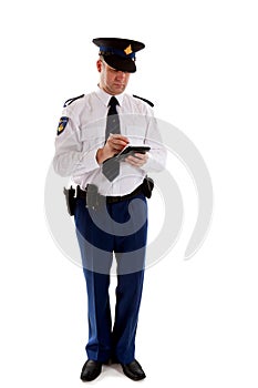 Dutch police officer filling out parking ticket.