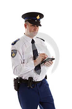 Dutch police officer filling out parking ticket. over white back