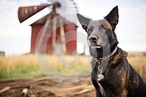 dutch shepherd by a farm windmill