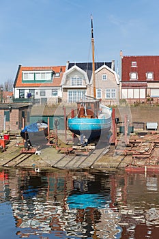 Dutch shipyard of Urk with historic fishing ships