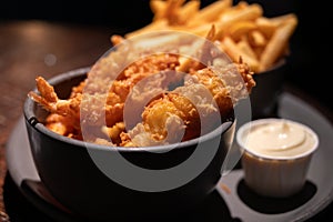 Dutch snacks for beer or wine, french fried potato chips and deep fried tempura shrimps and hot dip sauce