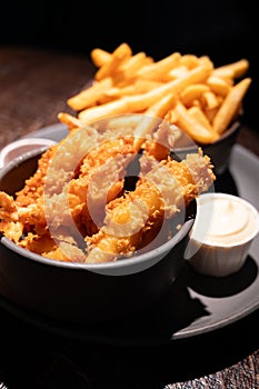 Dutch snacks for beer or wine, french fried potato chips and deep fried tempura shrimps and hot dip sauce