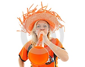 Dutch soccer supporter with orange vuvuzela