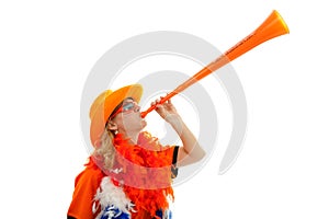 Dutch soccer supprter with plastic vuvuzela