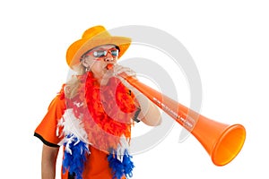 Dutch soccer supprter with plastic vuvuzela