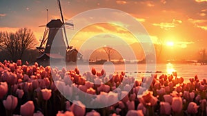 Dutch Spring scene with colourful tulip fields and a windmill at sunset in the North Netherlands. Amazing view of