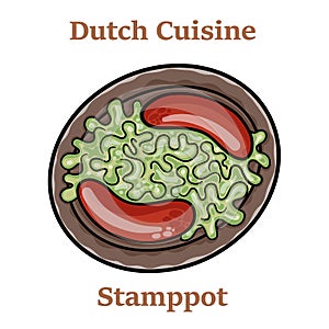 Dutch stamppot of potatoes, cabbage and carrots, with sausages closeup on a plate