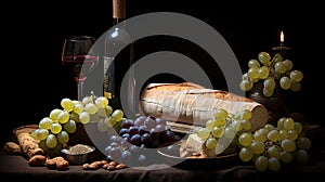 Dutch still life painting with wine and fresh fruits for sale on stock photo platform