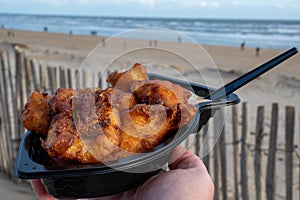 Dutch street seafood, deep fried cod fish fillet with garlic sauce called in Netherlands kibbeling and North sea beach on