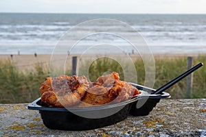 Dutch street seafood, deep fried cod fish fillet with garlic sauce called in Netherlands kibbeling and North sea beach on