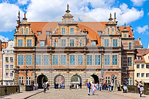 Dutch style historic Green Gate - Brama Zielona - at Long Market and Motlawa river in historic old town city center in Gdansk,