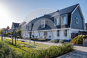 Dutch Suburban area with modern family houses, newly build modern family homes in the Netherlands, dutch family house