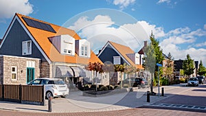 Dutch Suburban area with modern family houses, newly build moder
