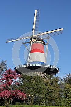 Dutch tower mill in Leiden, dressed in red, white and blue