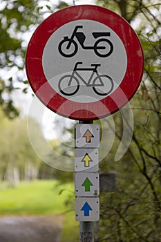 Routes and traffic sign in forest landscape