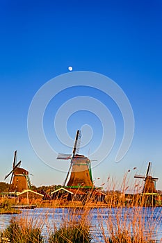 Dutch Travel Concepts. Traditional Dutch Windmills in the Village of Zaanse Schans at Daytime in the Netherlands