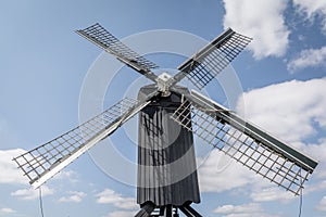 The Dutch village of Bourtange. Wooden Dutch mill. Viewed from below