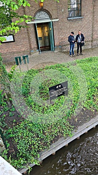 Dutch village with colorful ornamental garden and spring flowers, Giethoorn