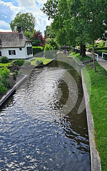 Dutch village with colorful ornamental garden and spring flowers, Giethoorn