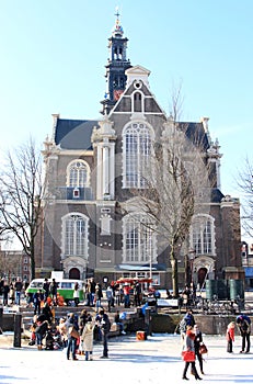 Dutch Western church and frozen canal, Amsterdam