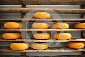 Dutch whole cheeses on wooden shelves