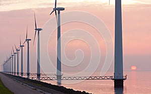 Dutch wind power under sunset along the coast