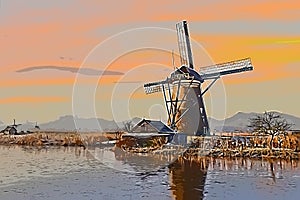 Dutch windmill landscape at the edge of a canal