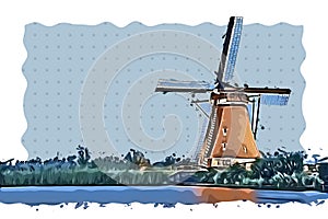 Dutch windmill landscape at the edge of a canal