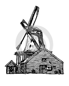 Dutch Windmill naturalistic and detailed drawing vector