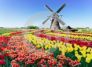 Dutch windmill over river waters