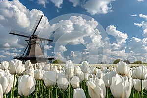 dutch windmill over tulips field